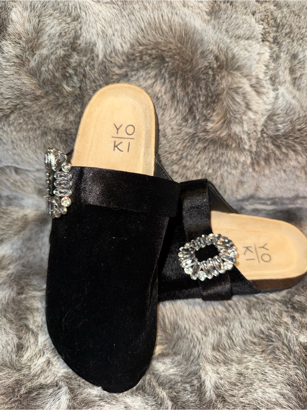 Yoki Black Velvet Slide Mules with Crystal Accent